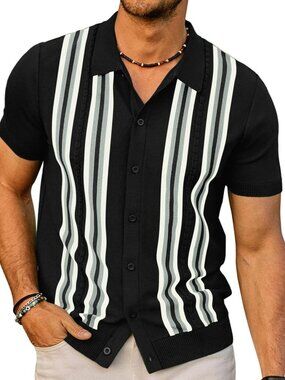 Men's Black Gray Vintage Striped Knit Button-Down Beach Short Sleeve Shirt